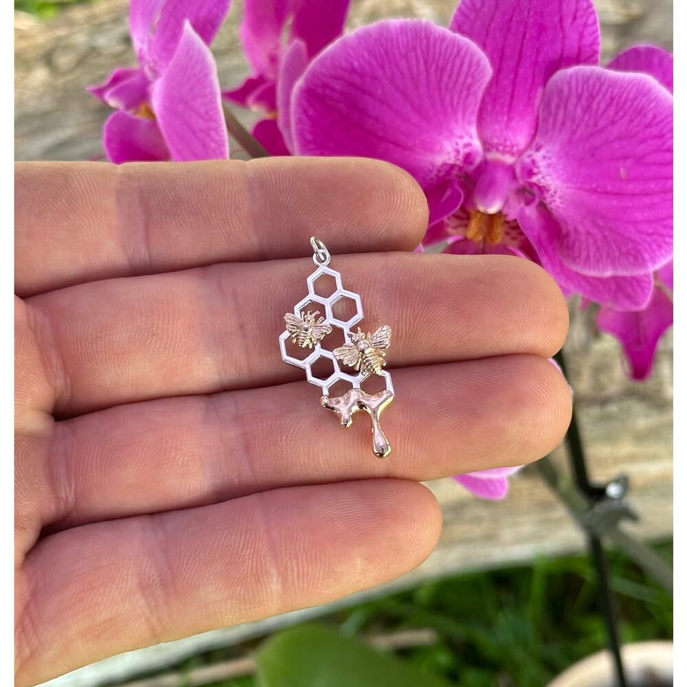 Sterling Silver Mixed Metal Honeycomb Pendant Dripping with Honey